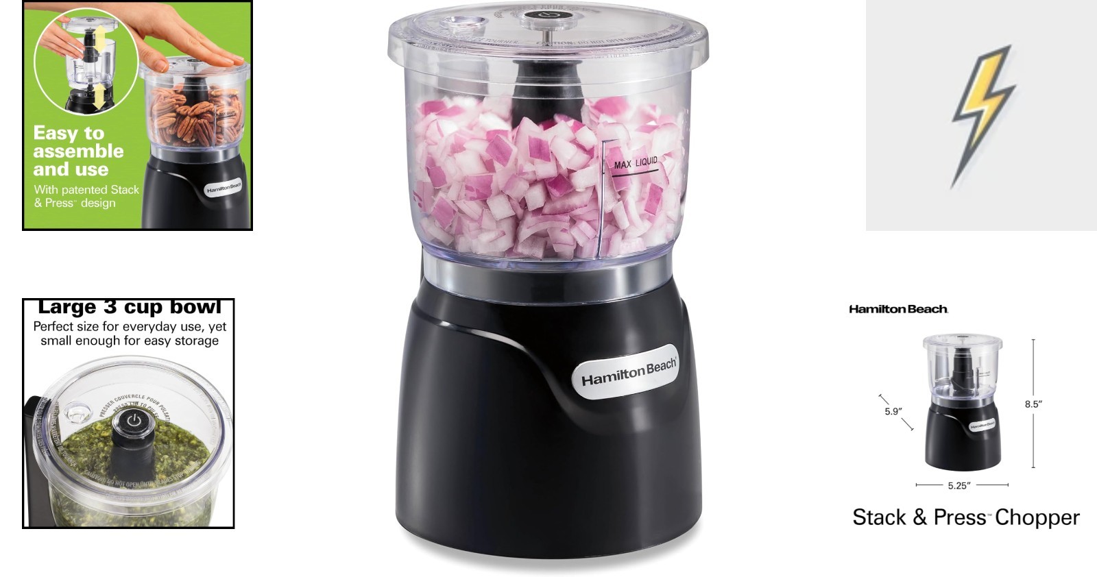 Effortless 3-Cup Electric Food Processor with Stainless Steel Blades, Black