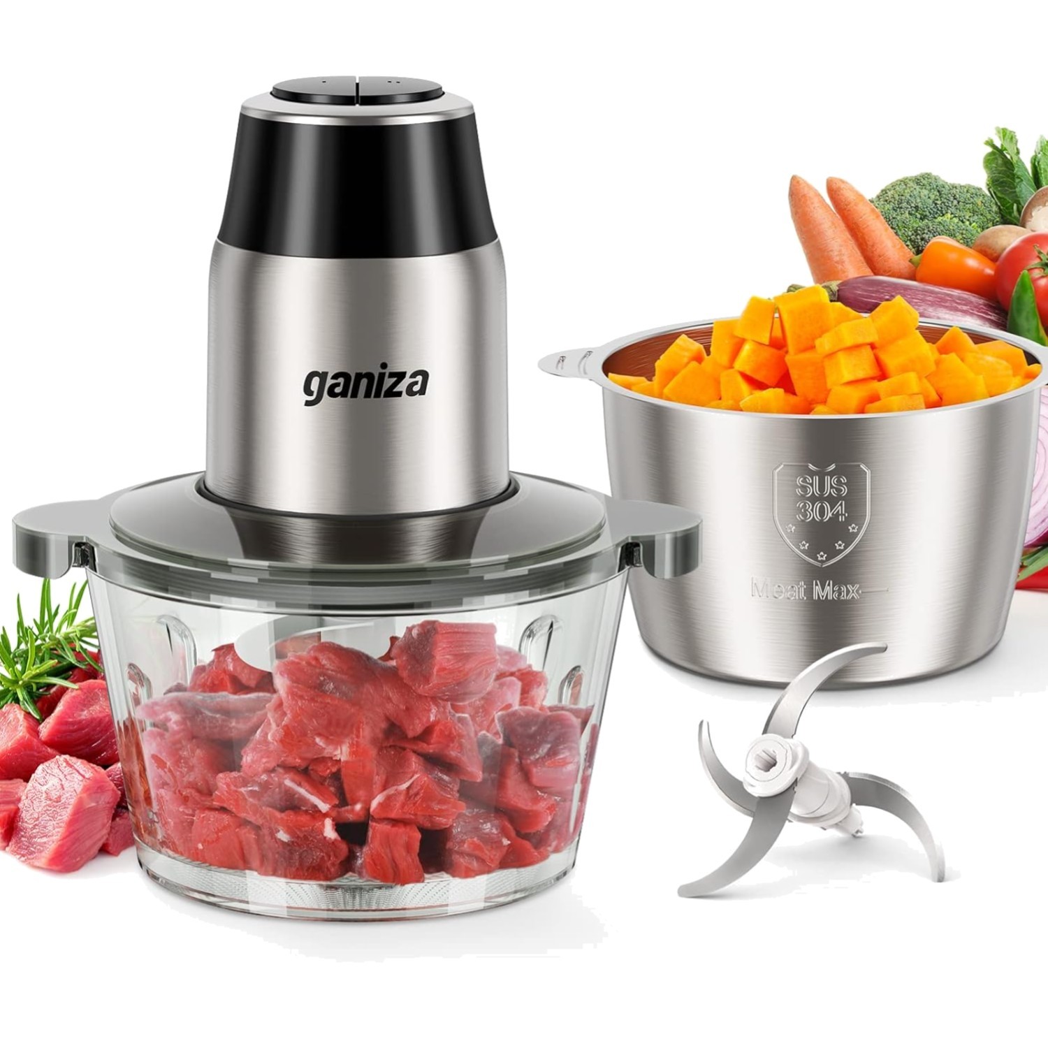 Electric Food Processor Meat Grinder Vegetable Chopper 2 Bowls 8 Cup 450W