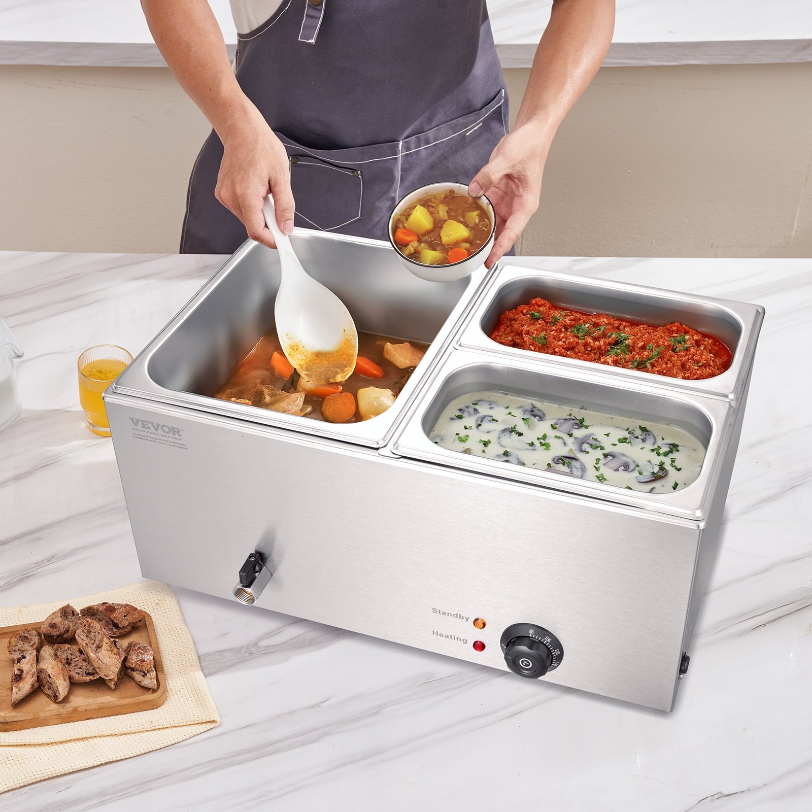 24QT Commercial Food Warmer, 3-Pan Electric Steam Table, 1200W Professional Coun