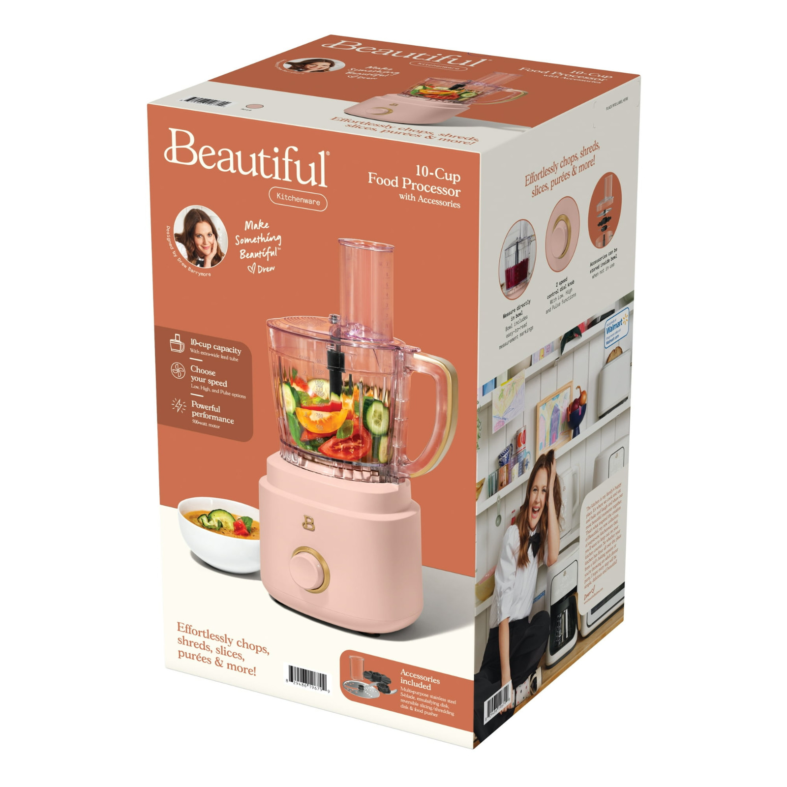 Beautiful 10-Cup Food Processor with Accessories, Rose by Drew Barrymore New!
