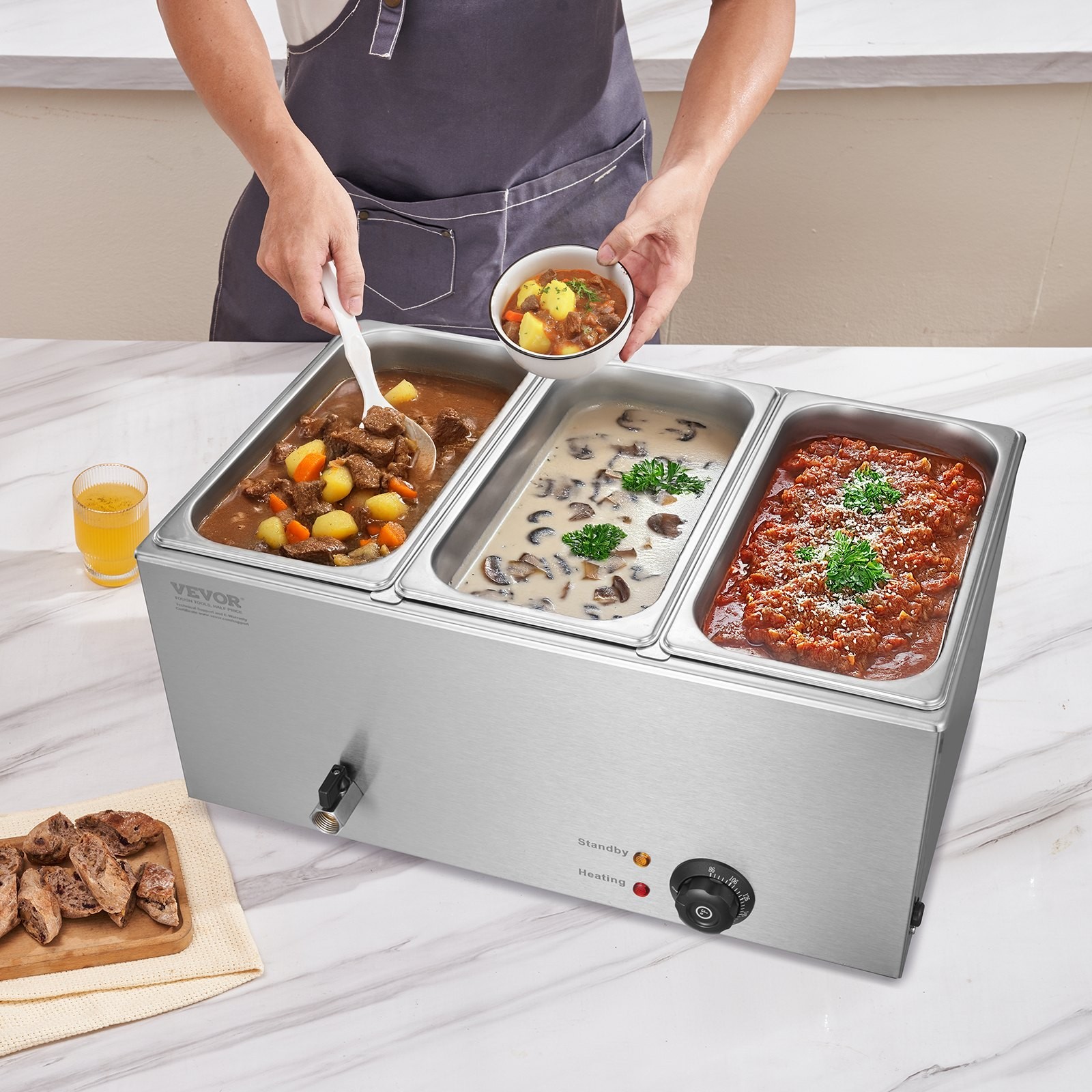 3-Pan Commercial Food Warmer, 17.4QT Electric Steam Table, 1200W Professional Co