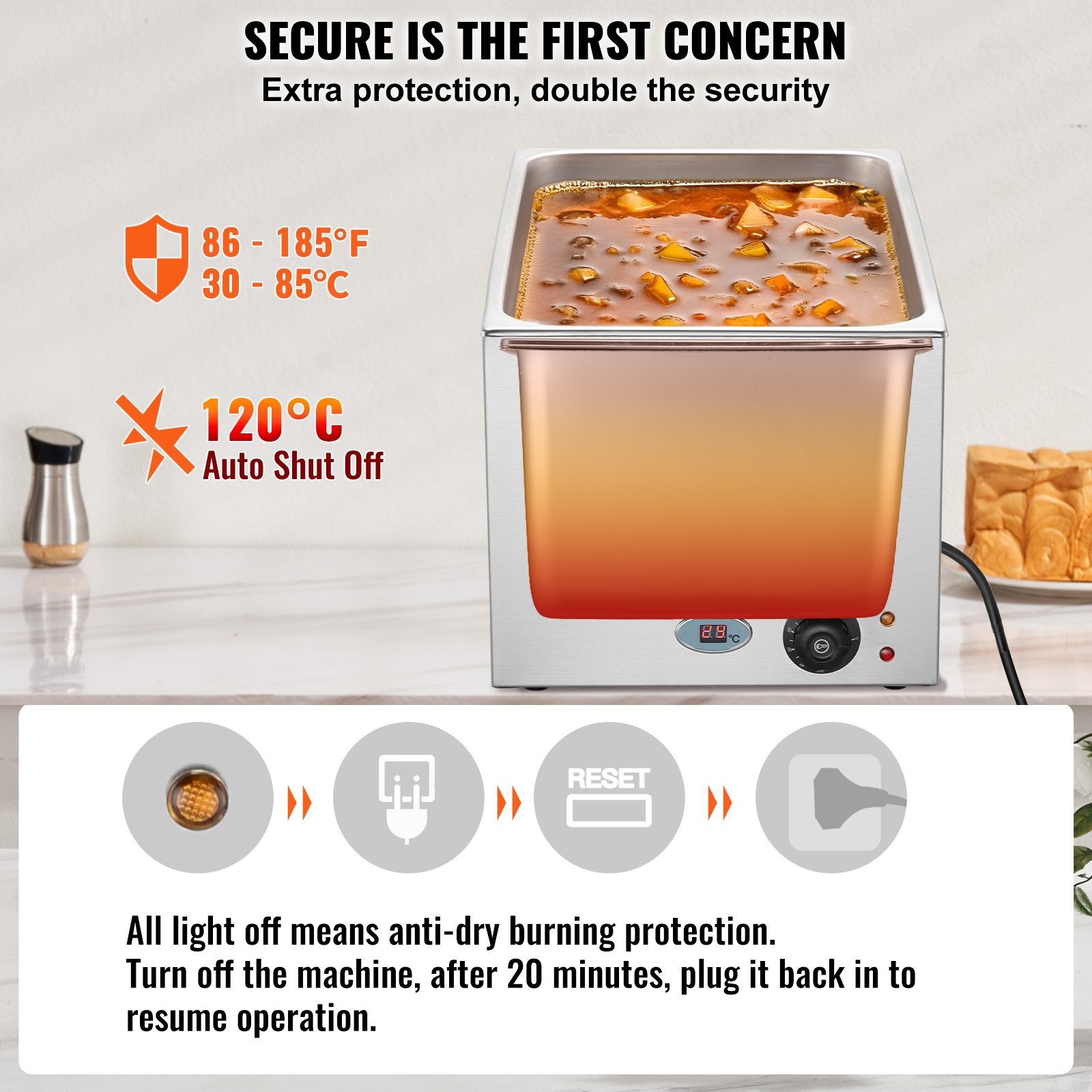 Commercial Food Warmer 19QT Bain Marie 1200W Electric Buffet Warmer Steam Table