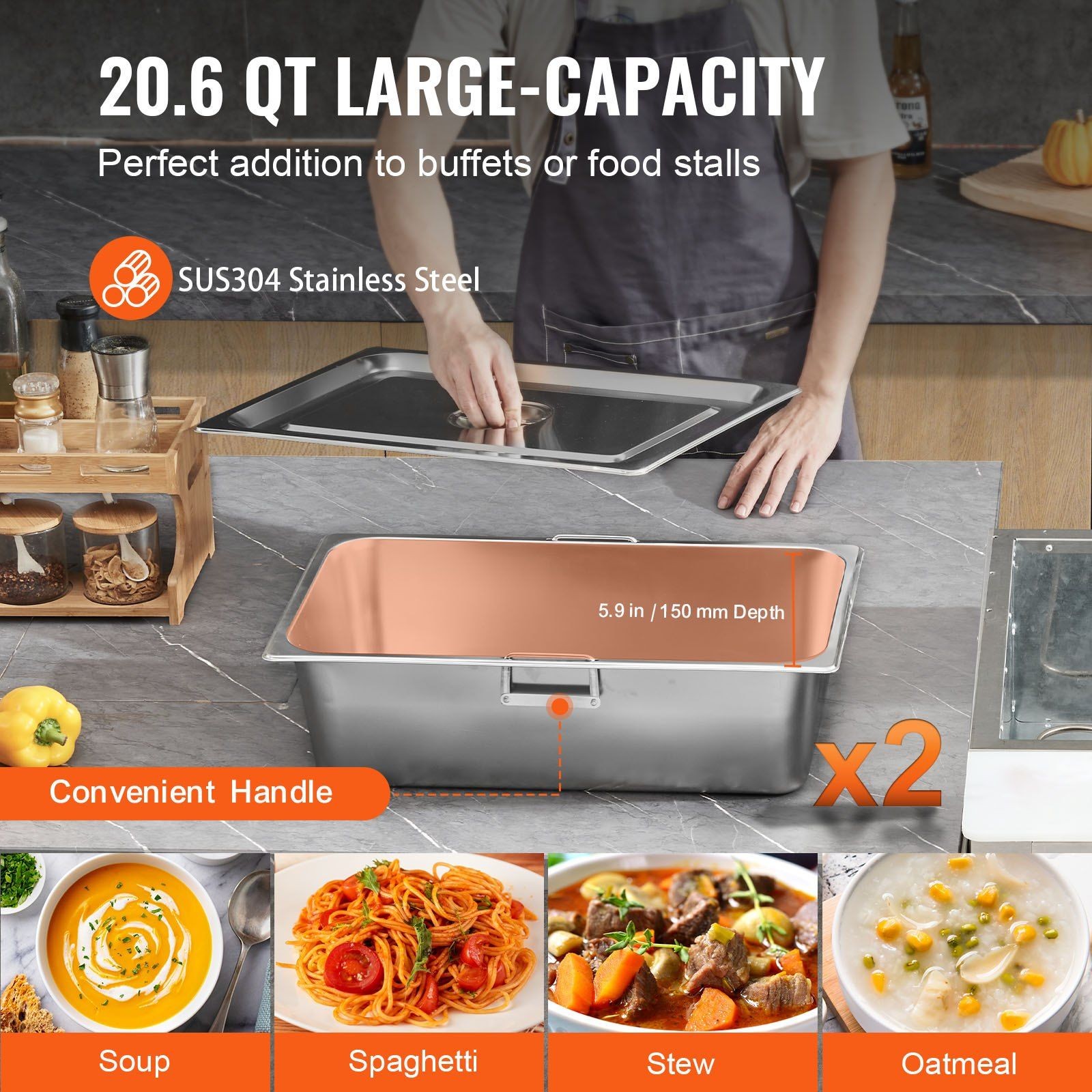 2×20.6QT 1000W Electric Steam Table with 4 Wheels & Stainless Steel Design