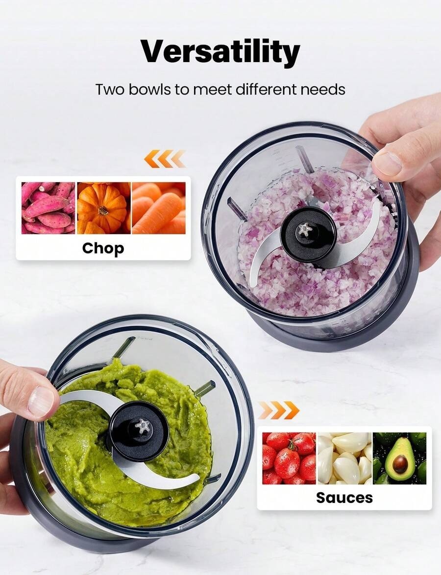4-Cup Electric Food Chopper, 2 Bowls, 2-Speed, 4 Blades, Meat Grinder & Puree