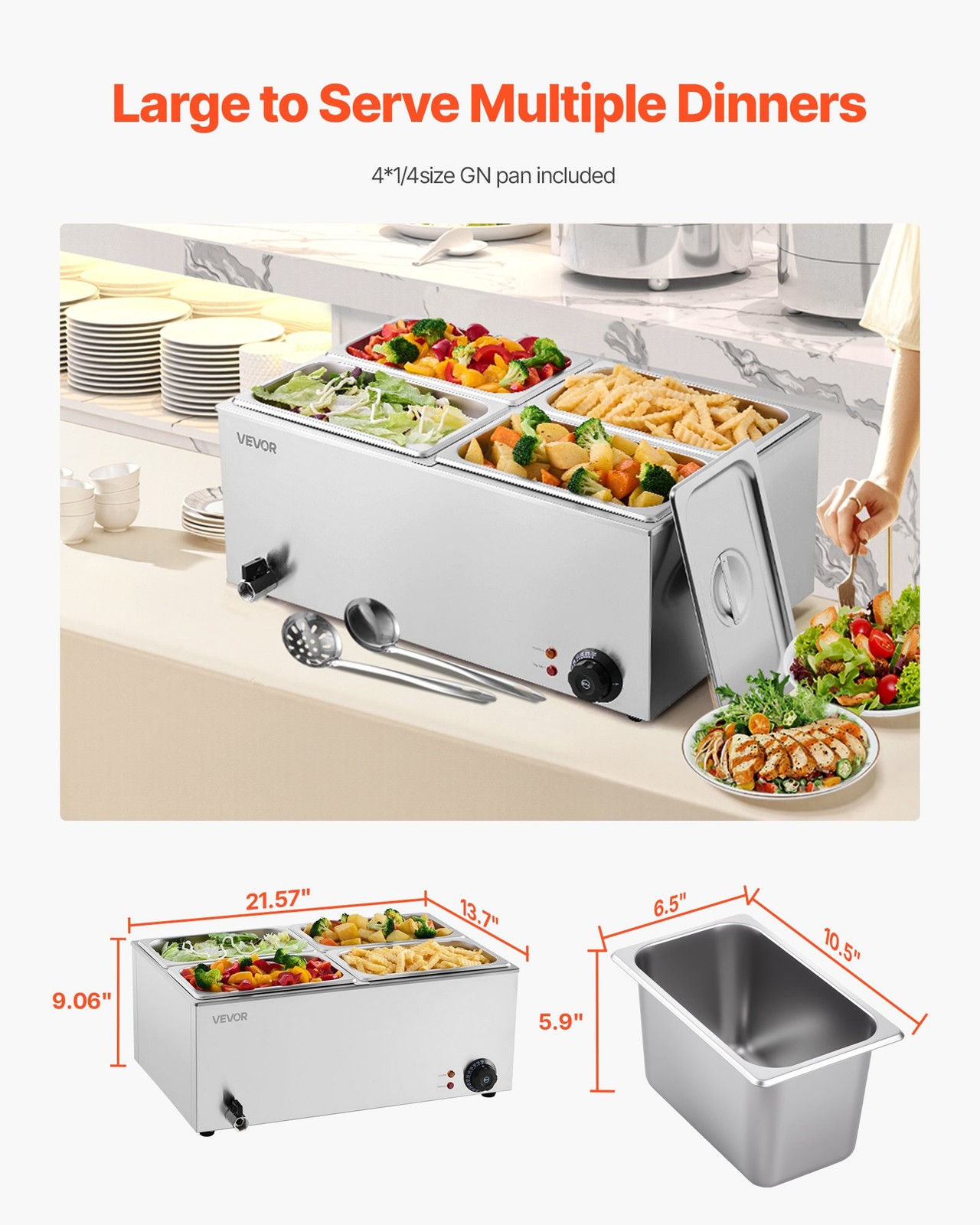 24QT Commercial Food Warmer, 4-Pan Electric Steam Table, 1200W Professional Coun