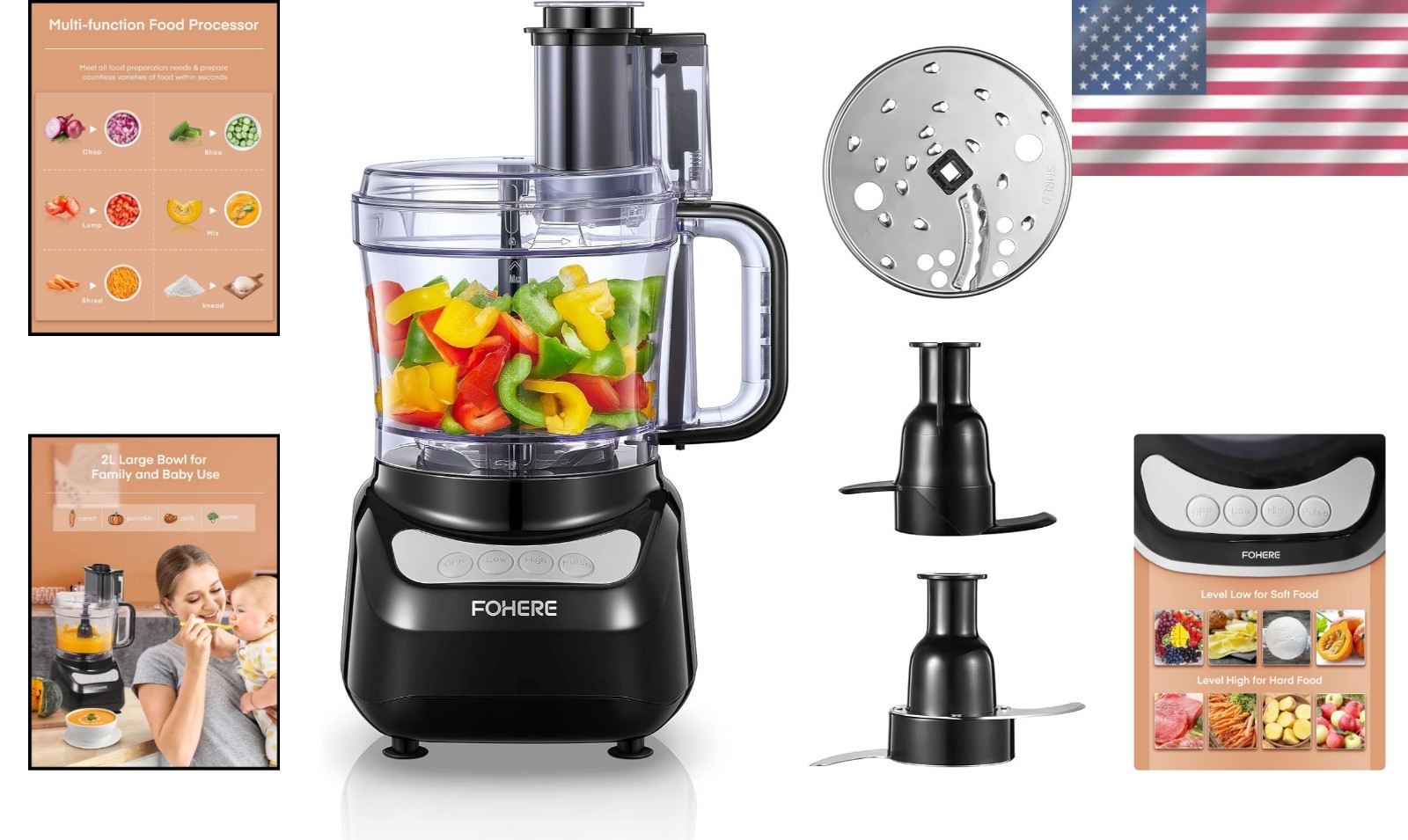 Efficient 12-Cup Electric Food Processor with 2 Speeds & Dishwasher Safe Design