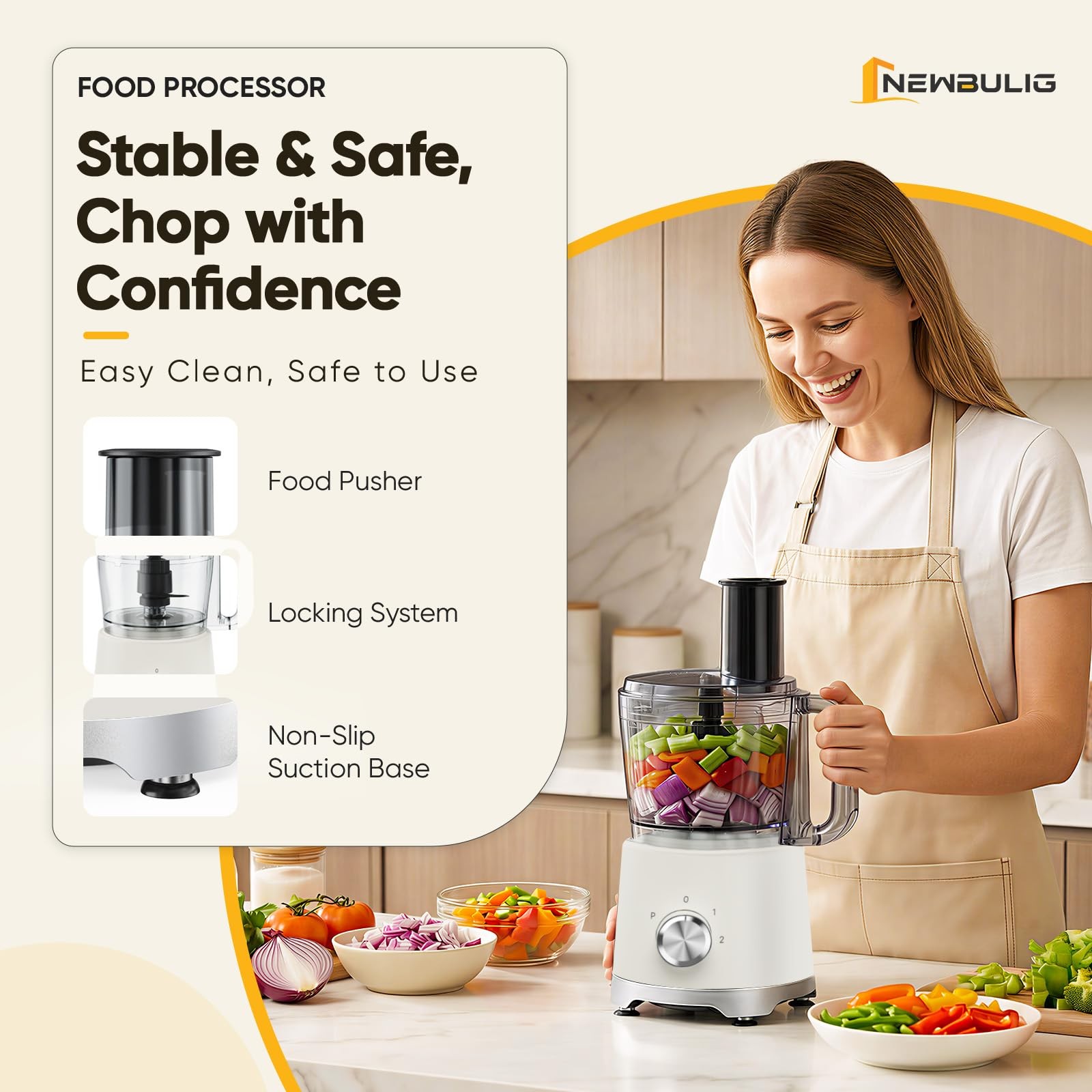Newbulig 10.5 Cups Food Processor Versatile Food Processors 5 Blades 600W