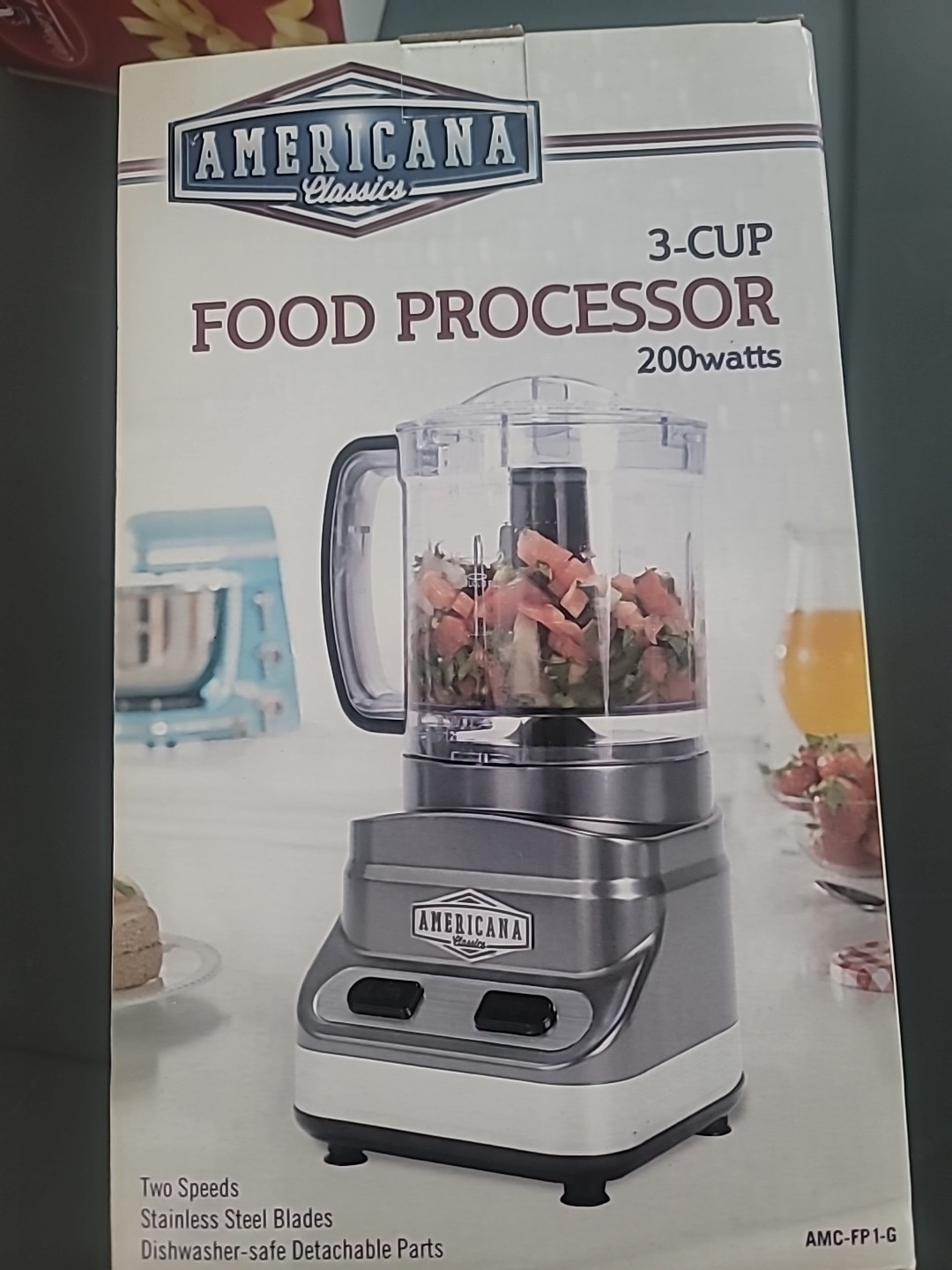 Americana Classics 3 Cup Food Processor 2-Speed SS Blades No Skid Seafoam Blue