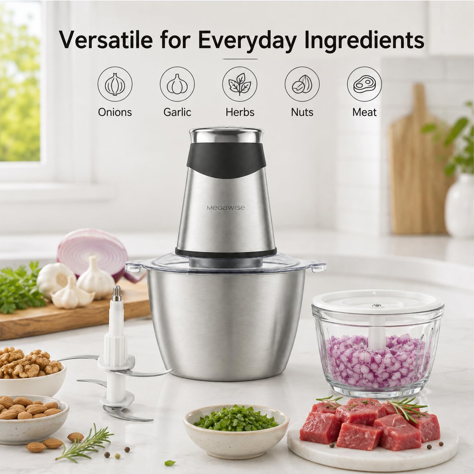 Food Processor, 800W Electric Meat Grinder with 0.6L Glass Bowl & 1.2L Stainl…