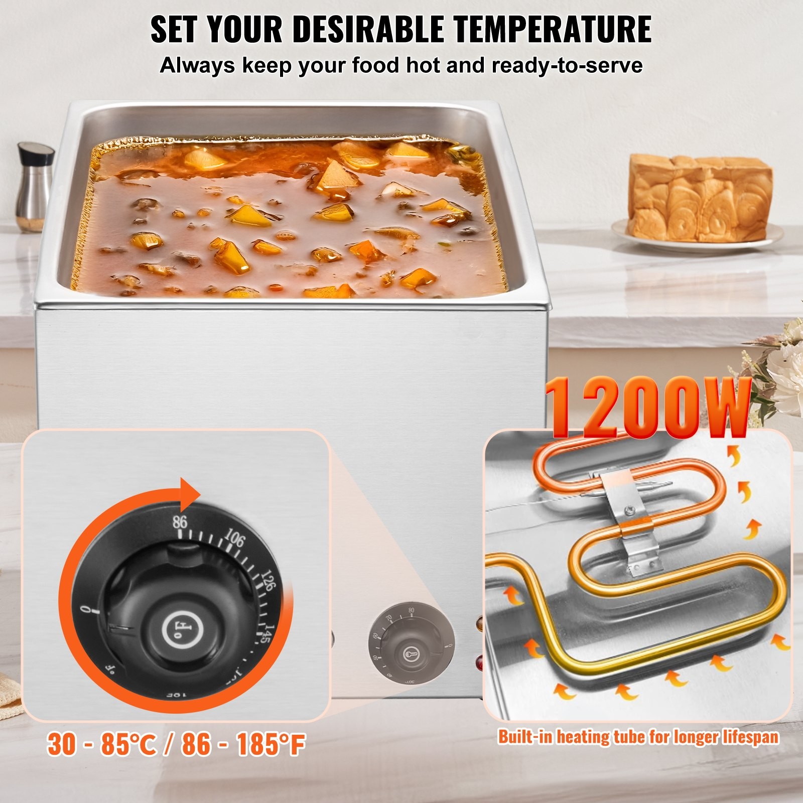 Commercial Food Warmer 19QT Bain Marie 1200W Electric Buffet Warmer Steam Table