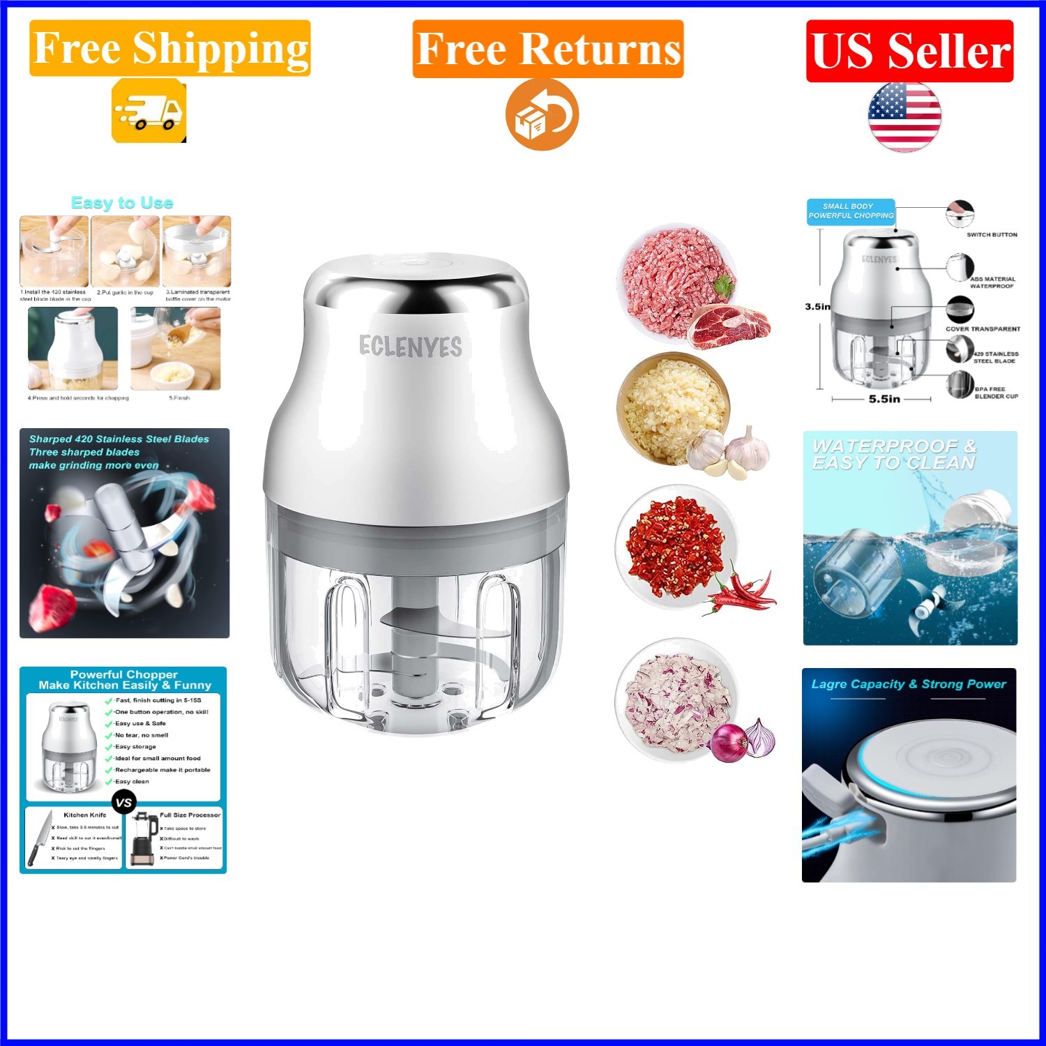 Mini USB Rechargeable Food Chopper 250ml, White, Electric Garlic Crusher