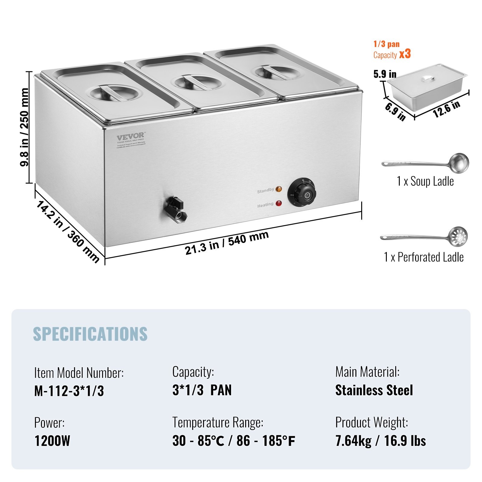 3-Pan Commercial Food Warmer, 17.4QT Electric Steam Table, 1200W Professional Co