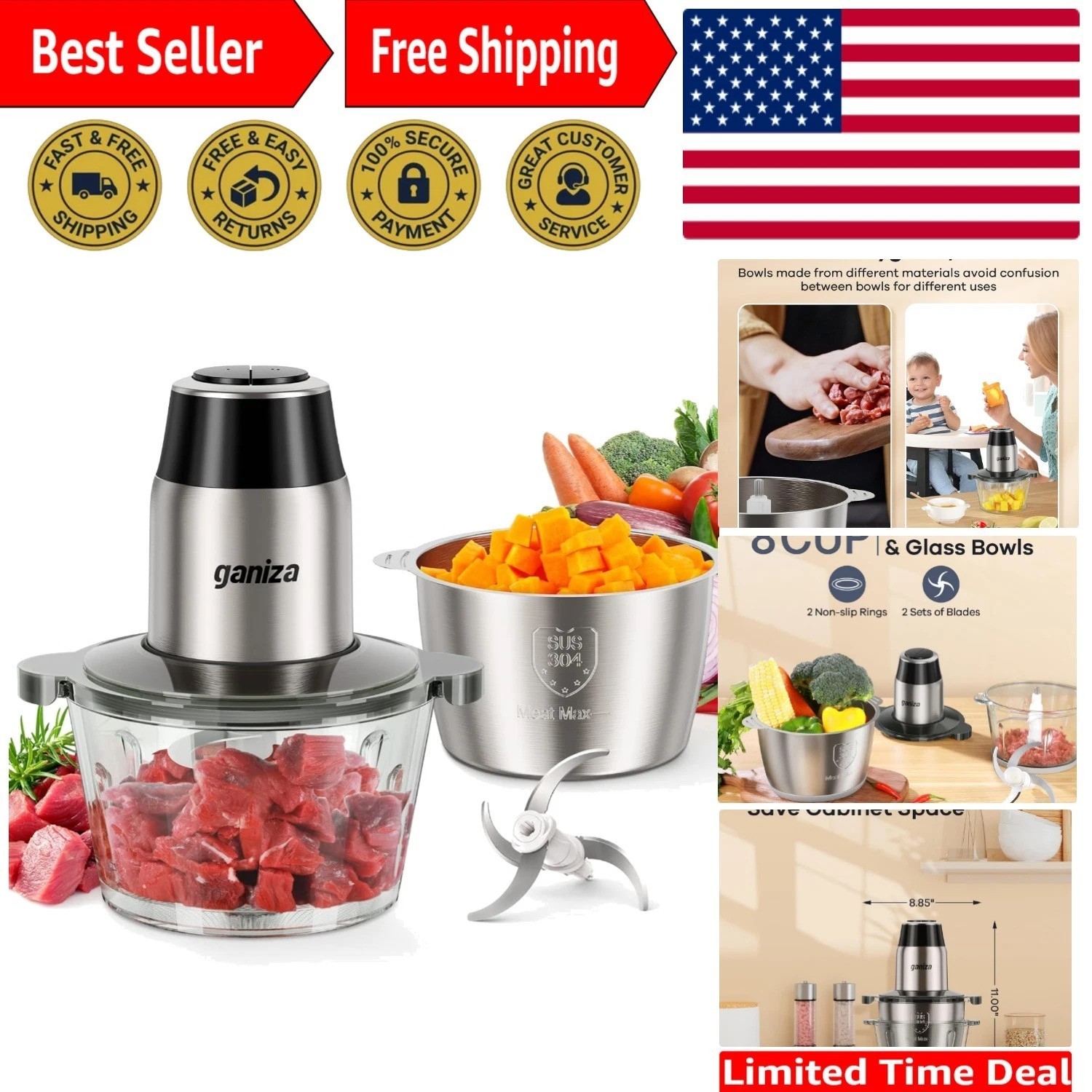 Efficient Kitchen Helper: 450W Food Processor & Meat Grinder with Safety Lock