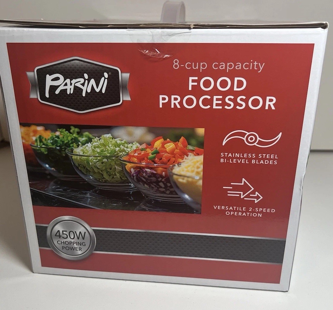 Parini 8 Cup Food Processor NIB Chop Slice Shred Puree S/S Blades 450 W 2 Speed