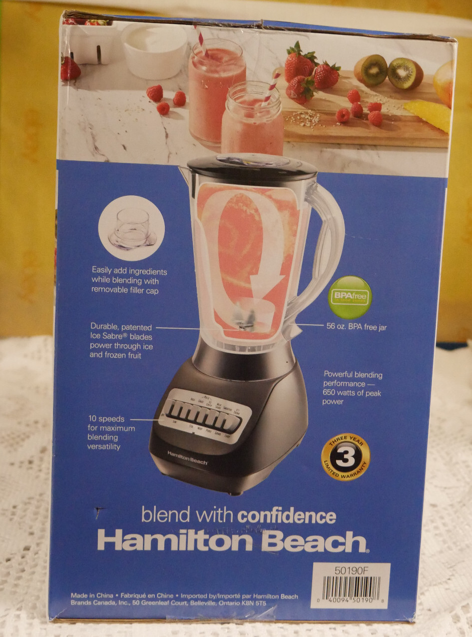 The Hamilton Beach 50190 blender boasts 10-speed / large 56 oz. BPA