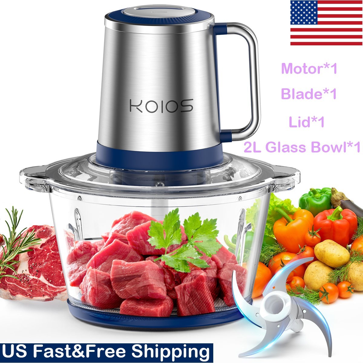 KOIOS Electric Food Vege Chopper Food Processor Kitchen Meat Grinder Mixer 2L