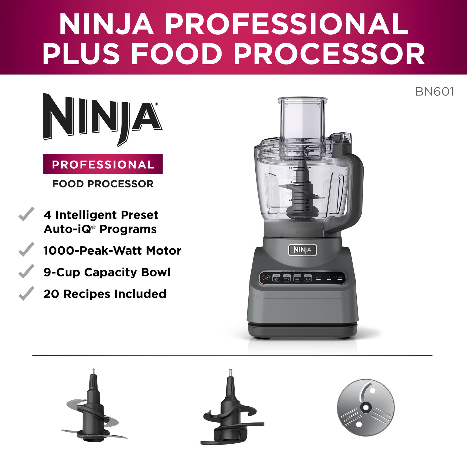 Ninja – Professional Food Processor, 1000 Peak Watts, 9-Cup Capacity, Auto-iQ…