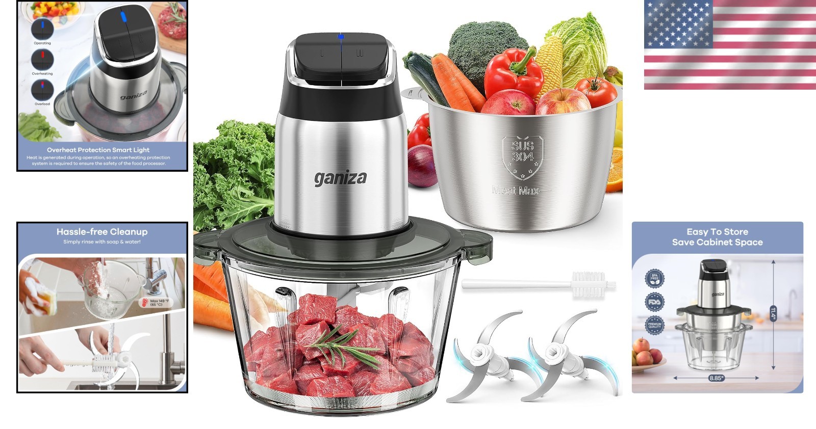 Upgraded Kitchen Food Processor with Overheat Protection & Ergonomic Pushbuttons