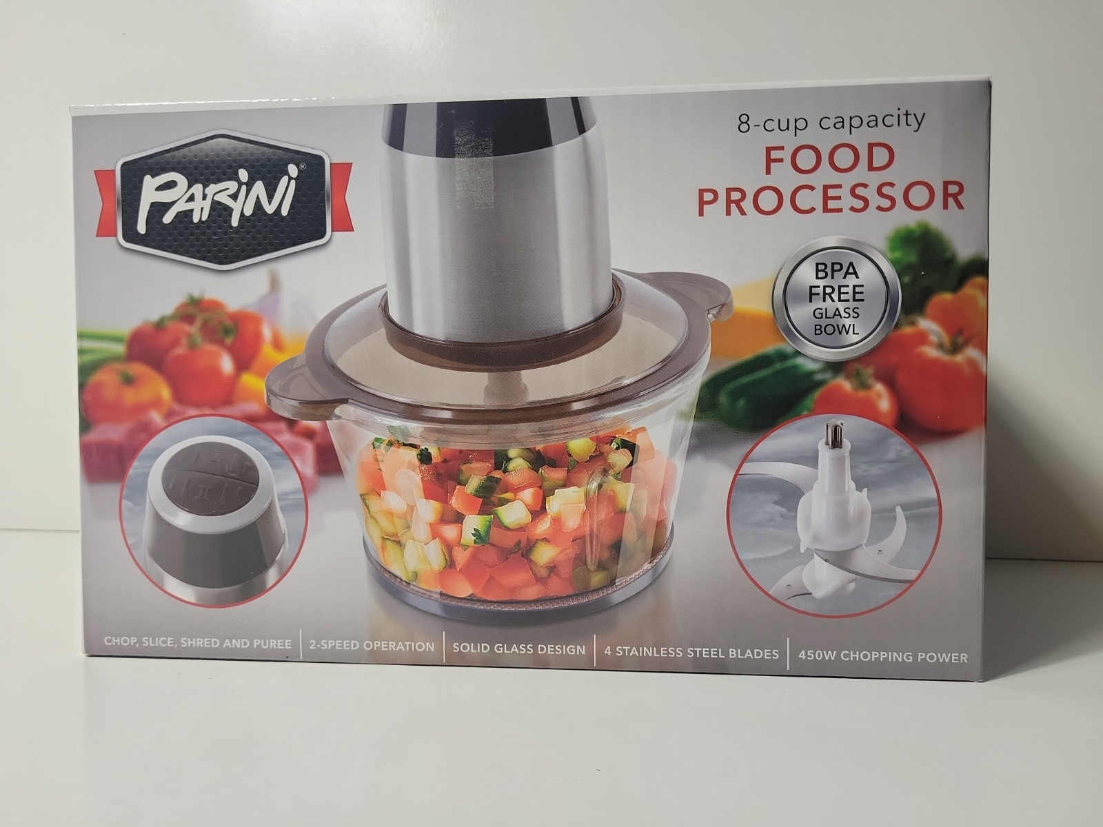 NEW Parini Food Processor 8 Cup 2 Speed 450w BPA free Stainless Steel Blades