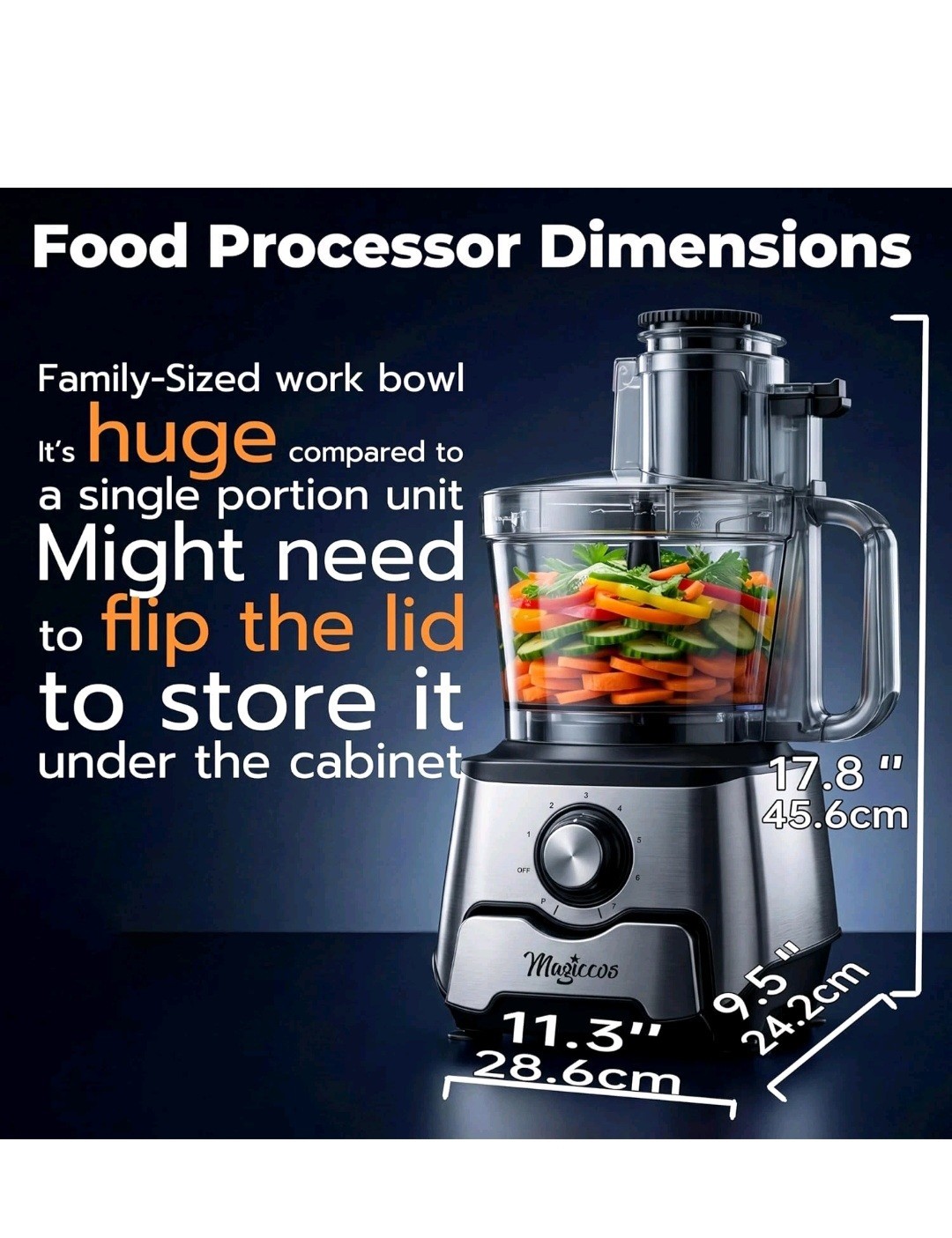 Magiccos 14 Cup Food Processor Wt Storage Drawer for Blades, Inox Silver, XL Bow