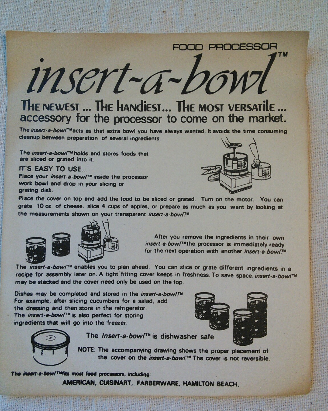 2 Insert-A-Bowl Universal Food Processor 5-Cup Bowls & Lids 1980 Vtg Stacking