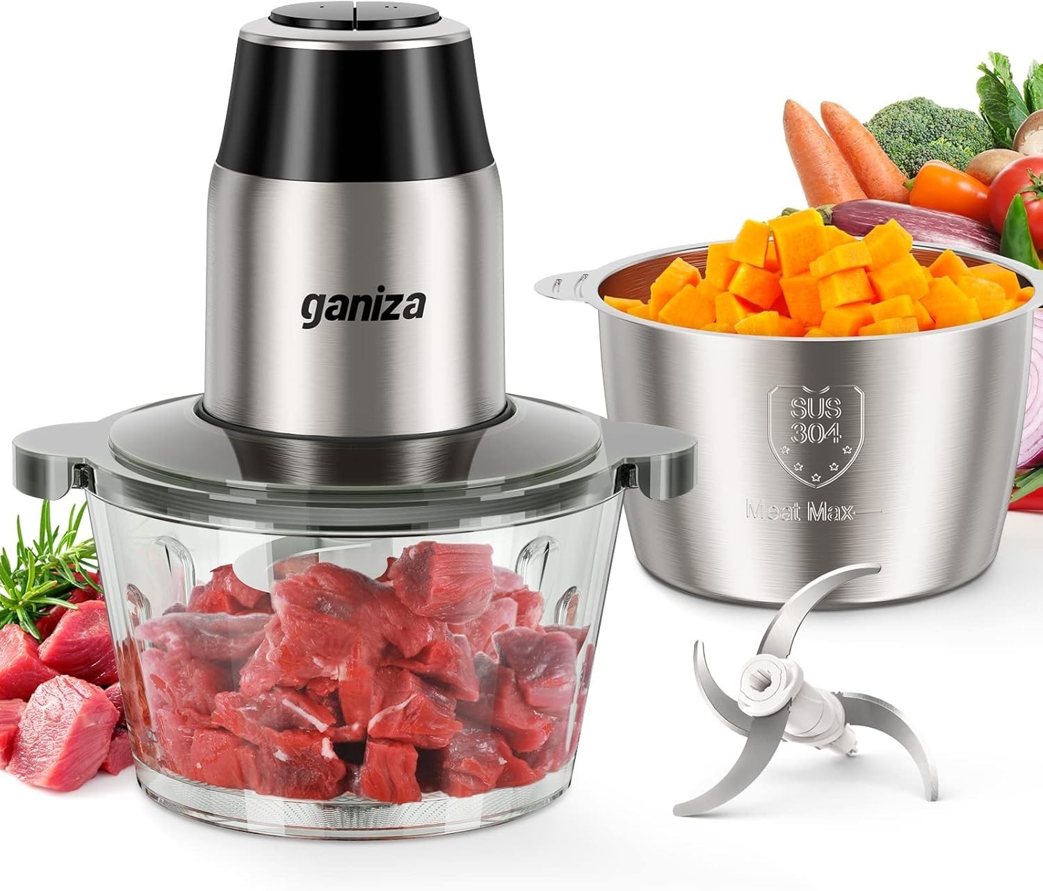 Electric Food Processor Meat Grinder Vegetable Chopper 2 Bowls 8 Cup 450W