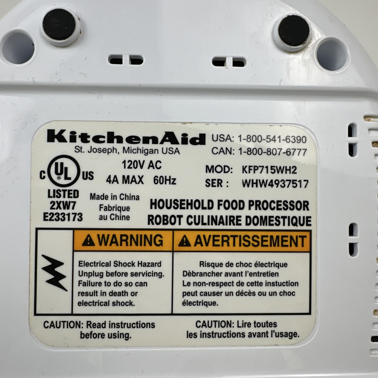 KitchenAid Food Processor Base KFP715WH2 White Used Tested Works Great