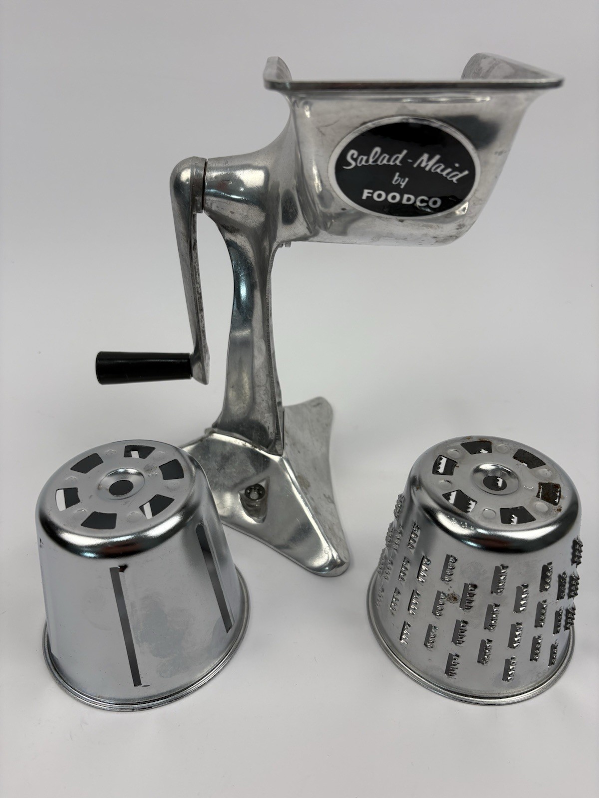 Vintage FOODCO Salad Maid Manual Crank Food Grater With 2 Cones Made In USA