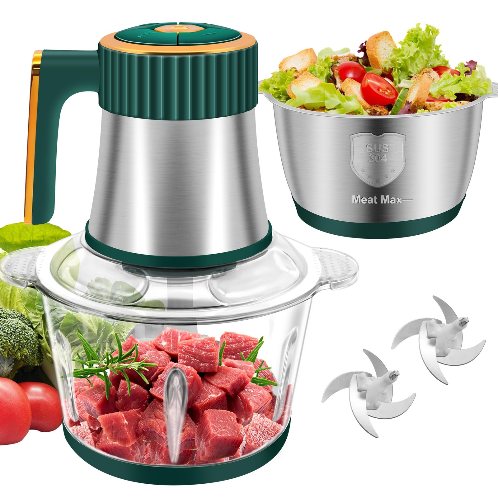 Food Processor, 5-Speed Electric Food Chopper, Meat Grinder with 2 Bowls (8 C…
