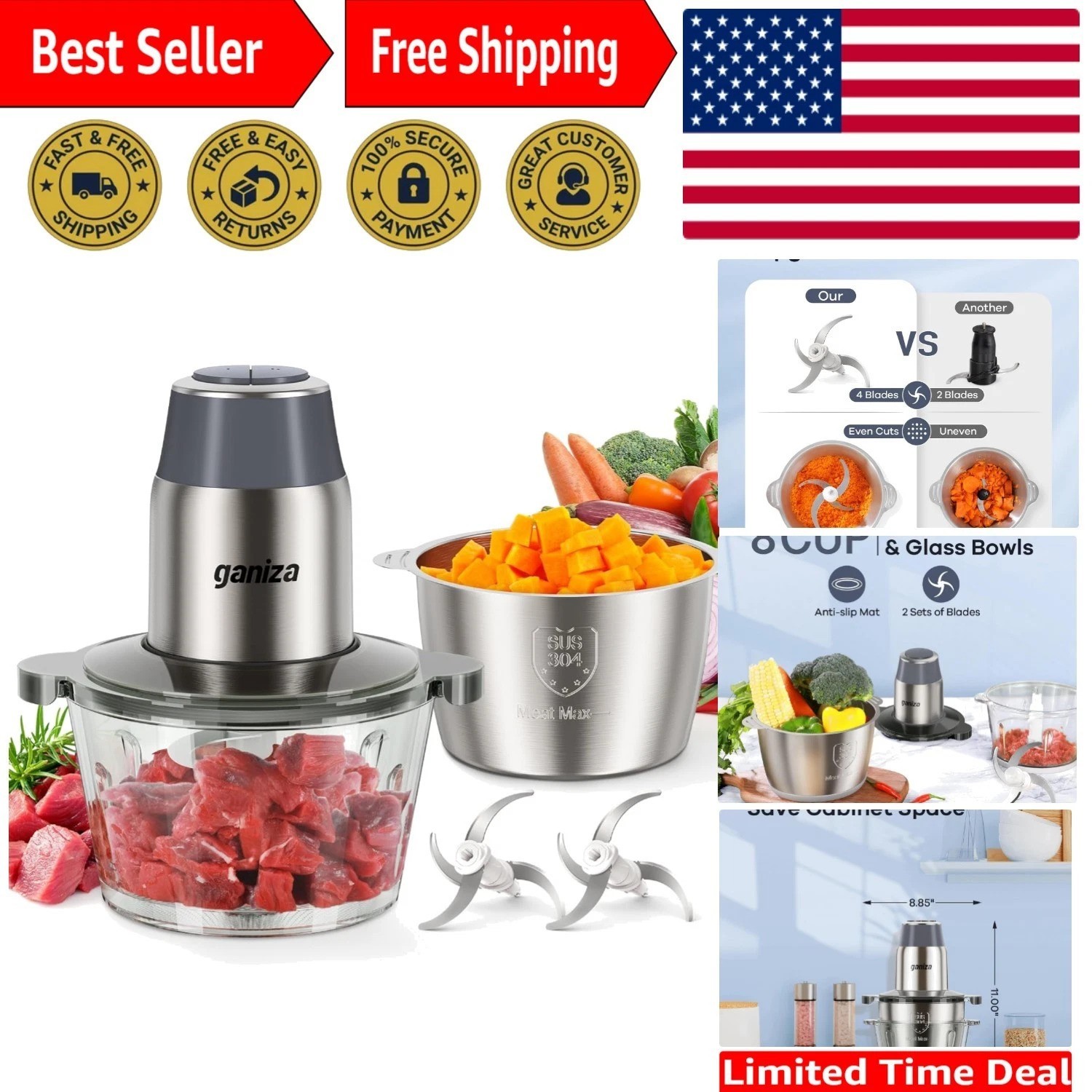 Luxury 450W Electric Food Processor: Dual Bowls & Bi-Level Blades for Precision