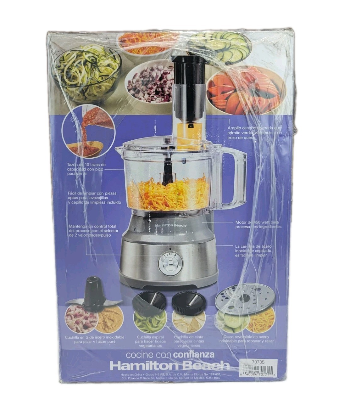 Hamilton Beach 10 Cup Spiralizing Food Processor 450W Motor Silver New Sealed