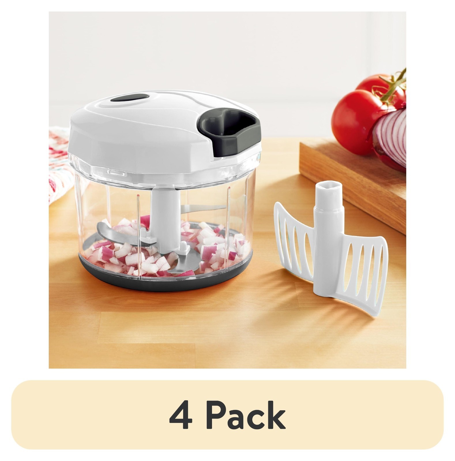 (4 pack) 1qt Quick Pull Chopper, BPA free , SS Blades, White & Grey, Weight 320g