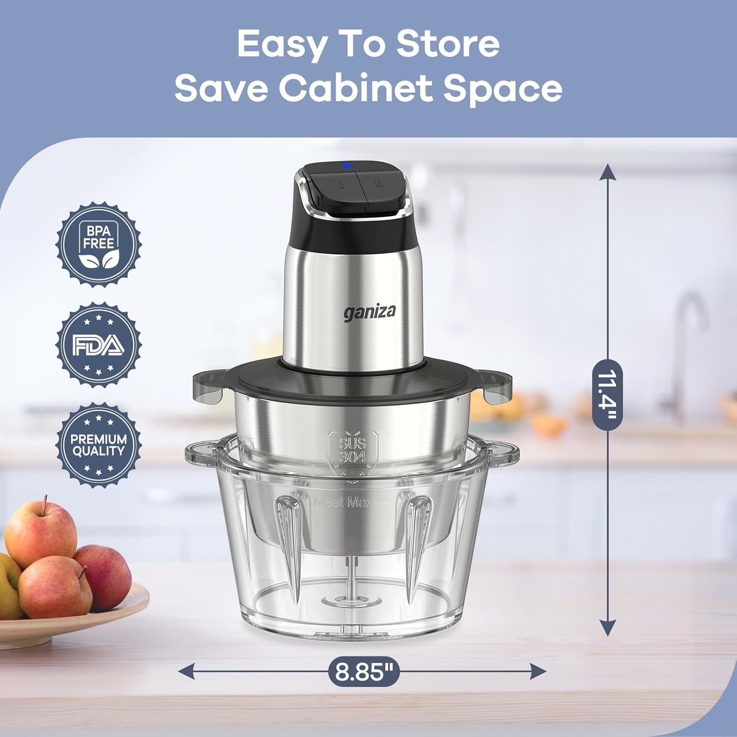 Food Processor Stainless Steel Glass Bowls 2-Speed 450W Overheat Safety