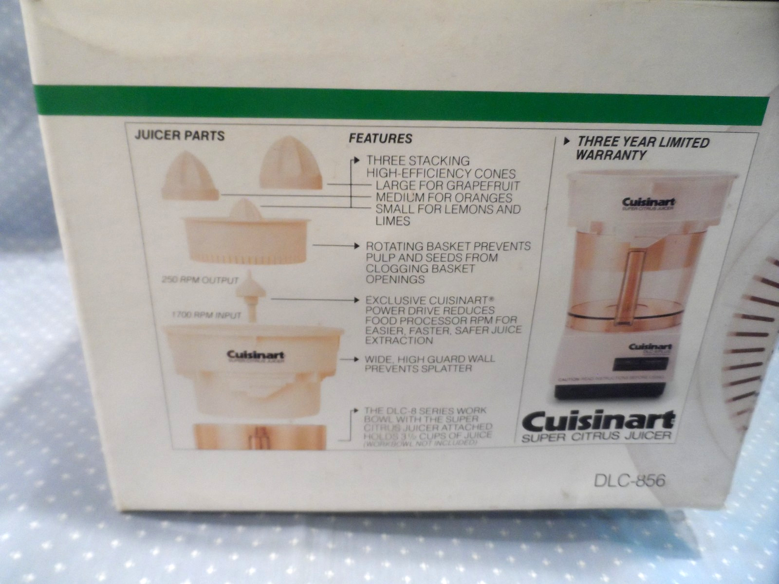 Vintage Cuisinart Super Citrus Juicer DLC-856~ 5 Piece Set W/ 3 Fruit Sizers