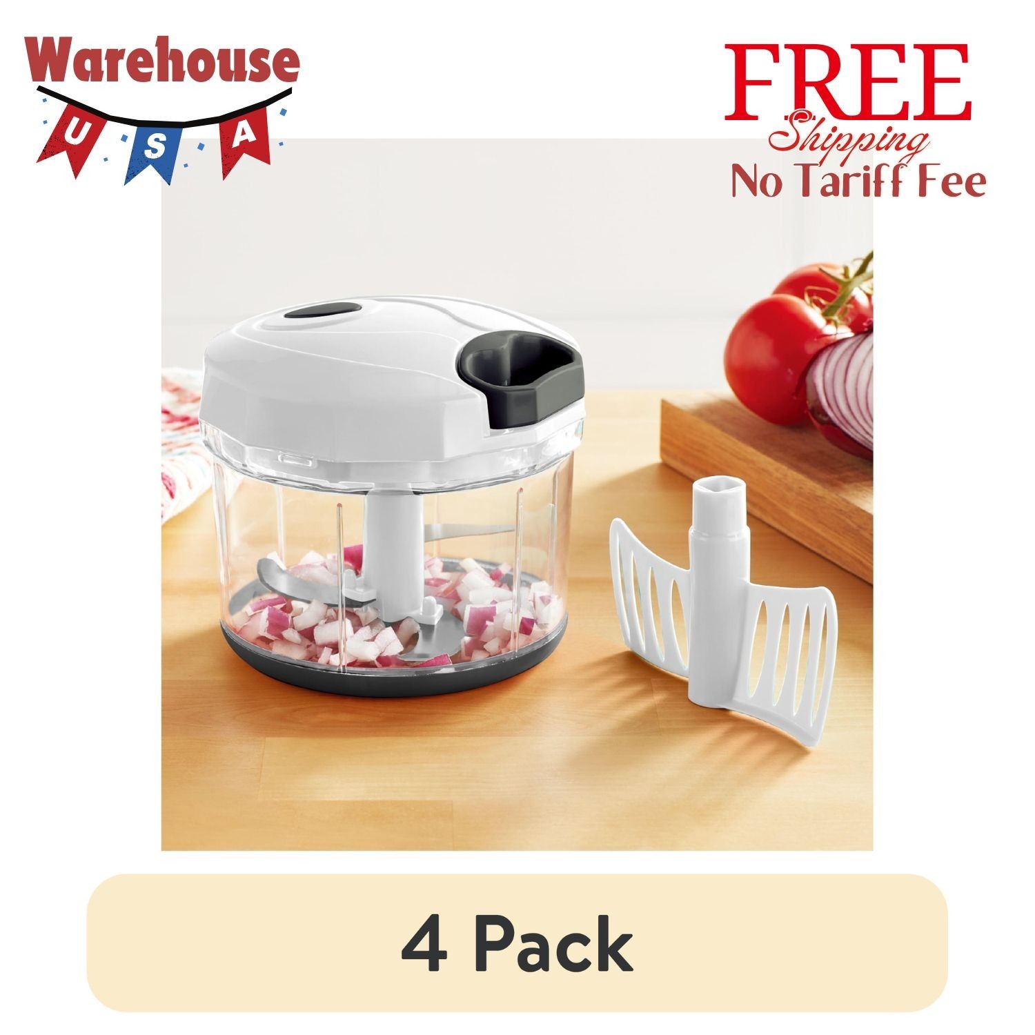 (4 pack) 1qt Quick Pull Chopper, BPA free , SS Blades, White & Grey, Weight 320g