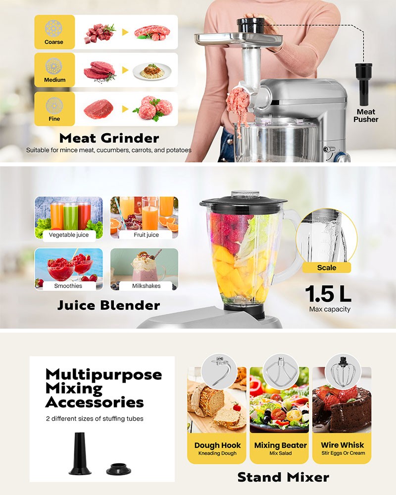 3In1 Food Stand Mixer Stainless Steel Bowl Meat Grinder Blender 6QT 6 Speed