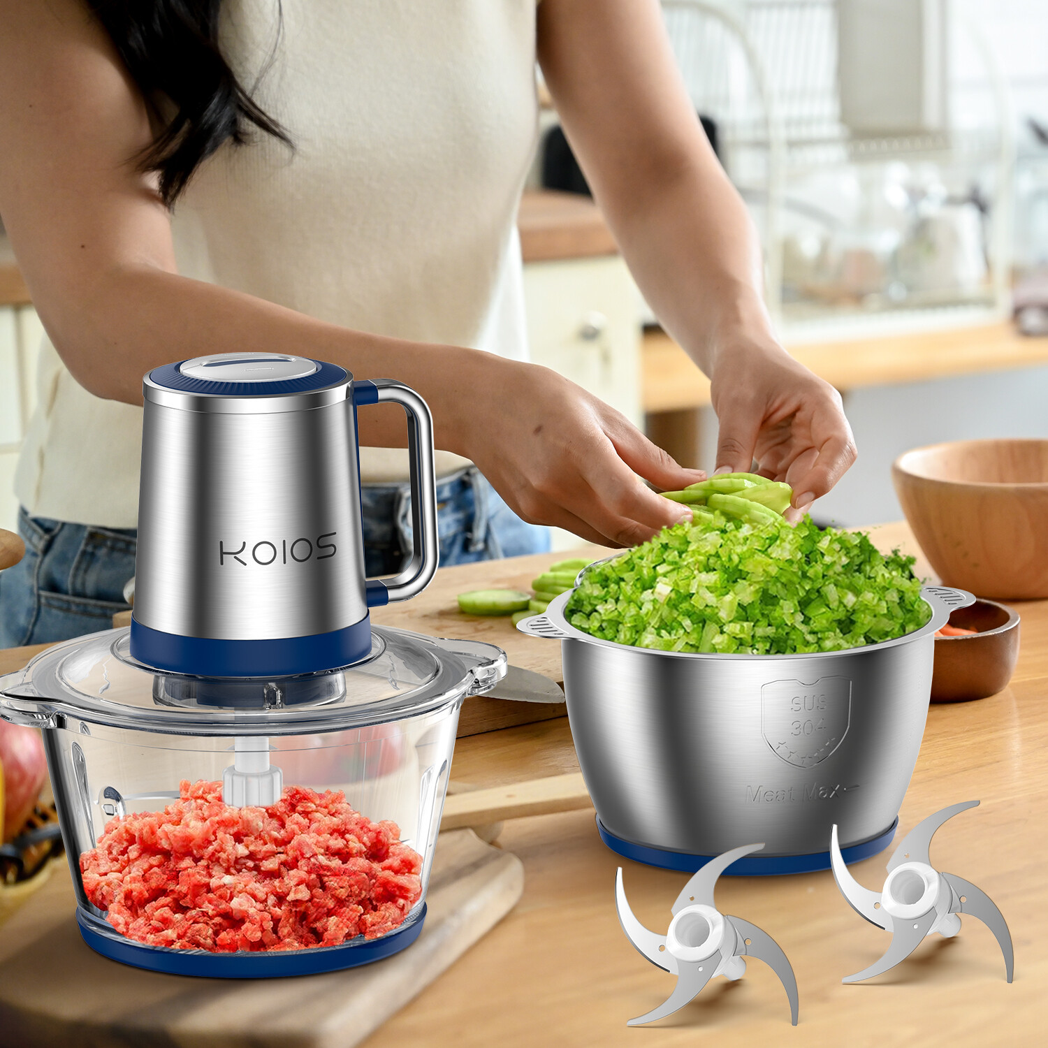 KOIOS Electric Food Chopper Processor Mixer 8Cup x2 500W Meat Veggie Grinder NEW