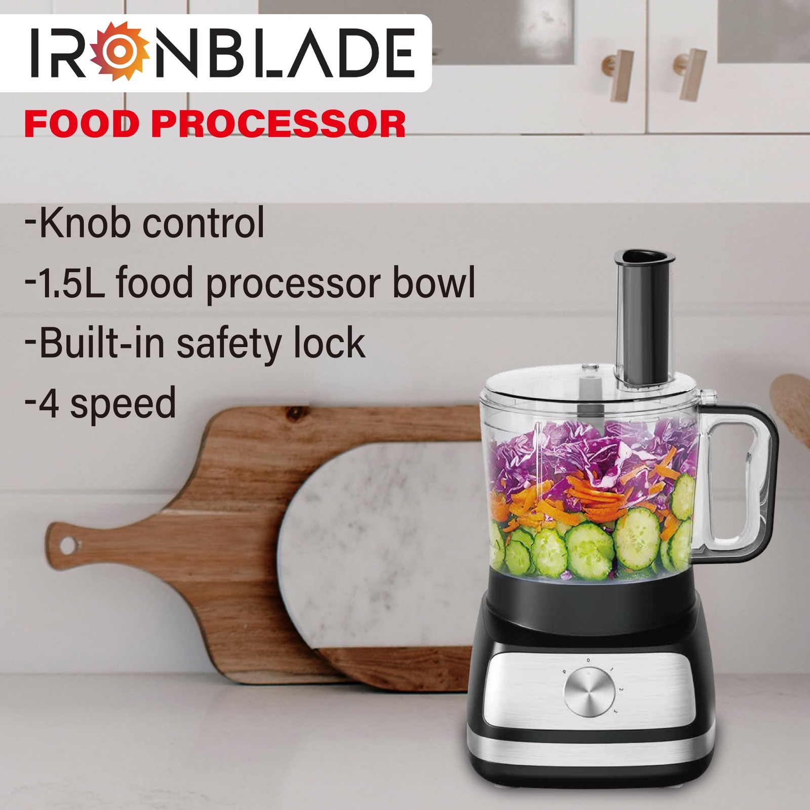 IronBlade series 5-in-1 Food Processor, 1.5L Bowl, 4-Speed Control, Multi-Fun…