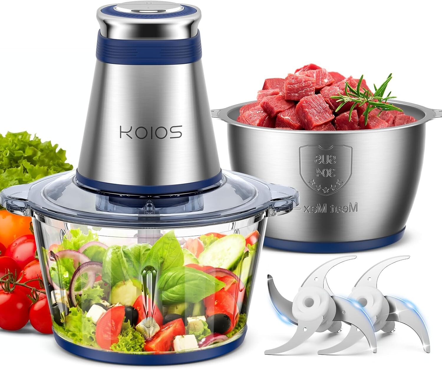 Food Processor 500W Electric Chopper with 2 Bowls (8 Cup+8 Cup) & 2 Bi-Level