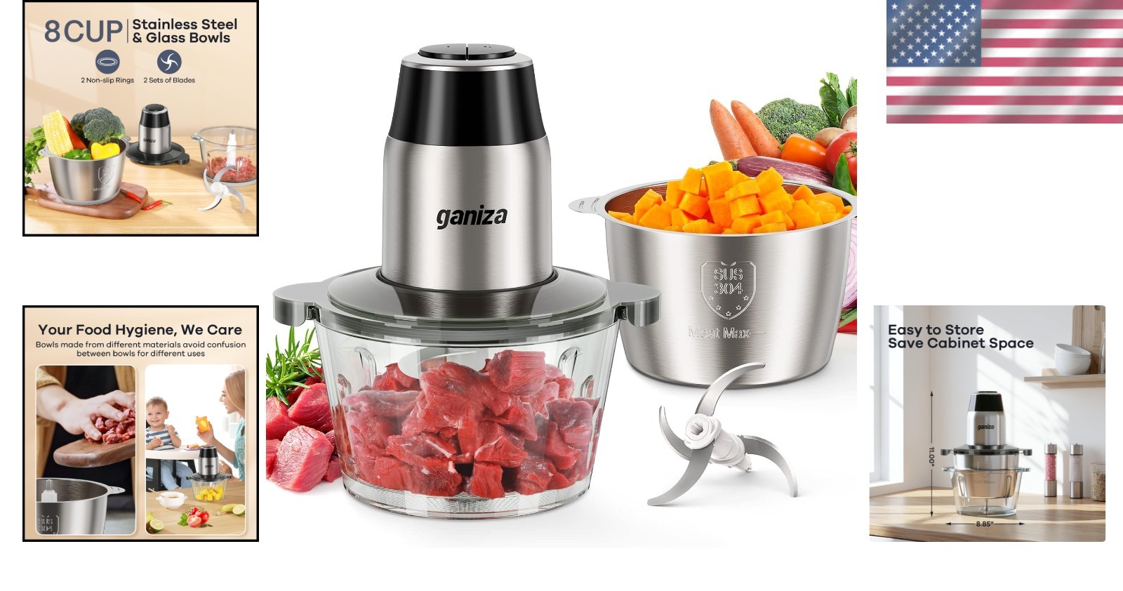 Electric Food Processor Meat Grinder Vegetable Chopper 2 Bowls 8 Cup 450W