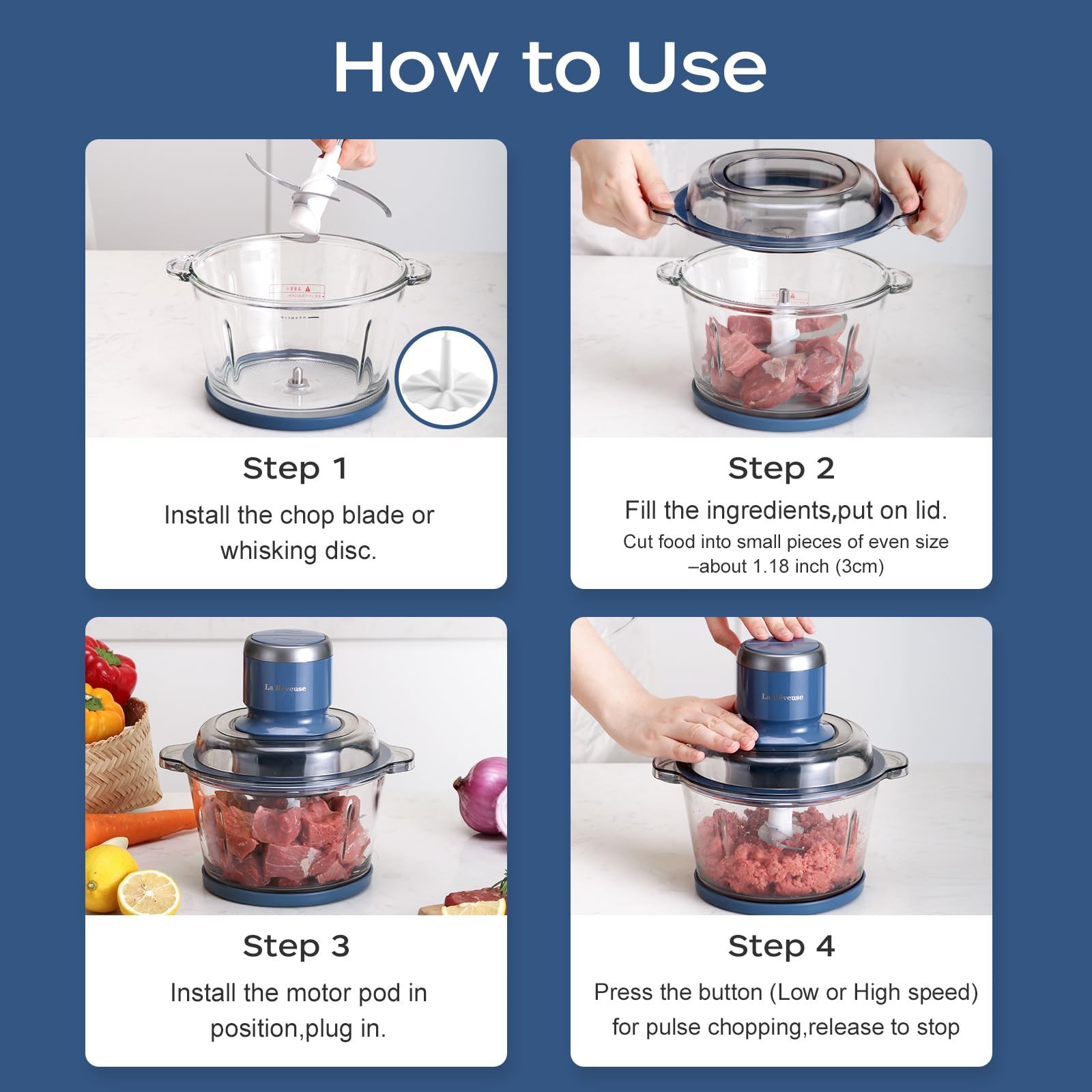 Food Processor,Electric Food Chopper with 7-Cup (1.7L) Glass Bowl, 4 Bi-Level…