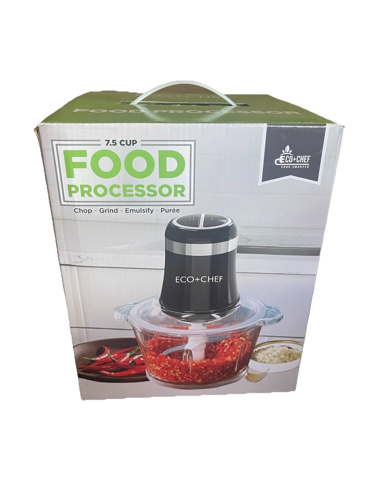 ECO CHEF 7.5 CUP FOOD PROCESSOR Grind, Chop, Emulsify, & Purée W/Glass Bowl-NIB