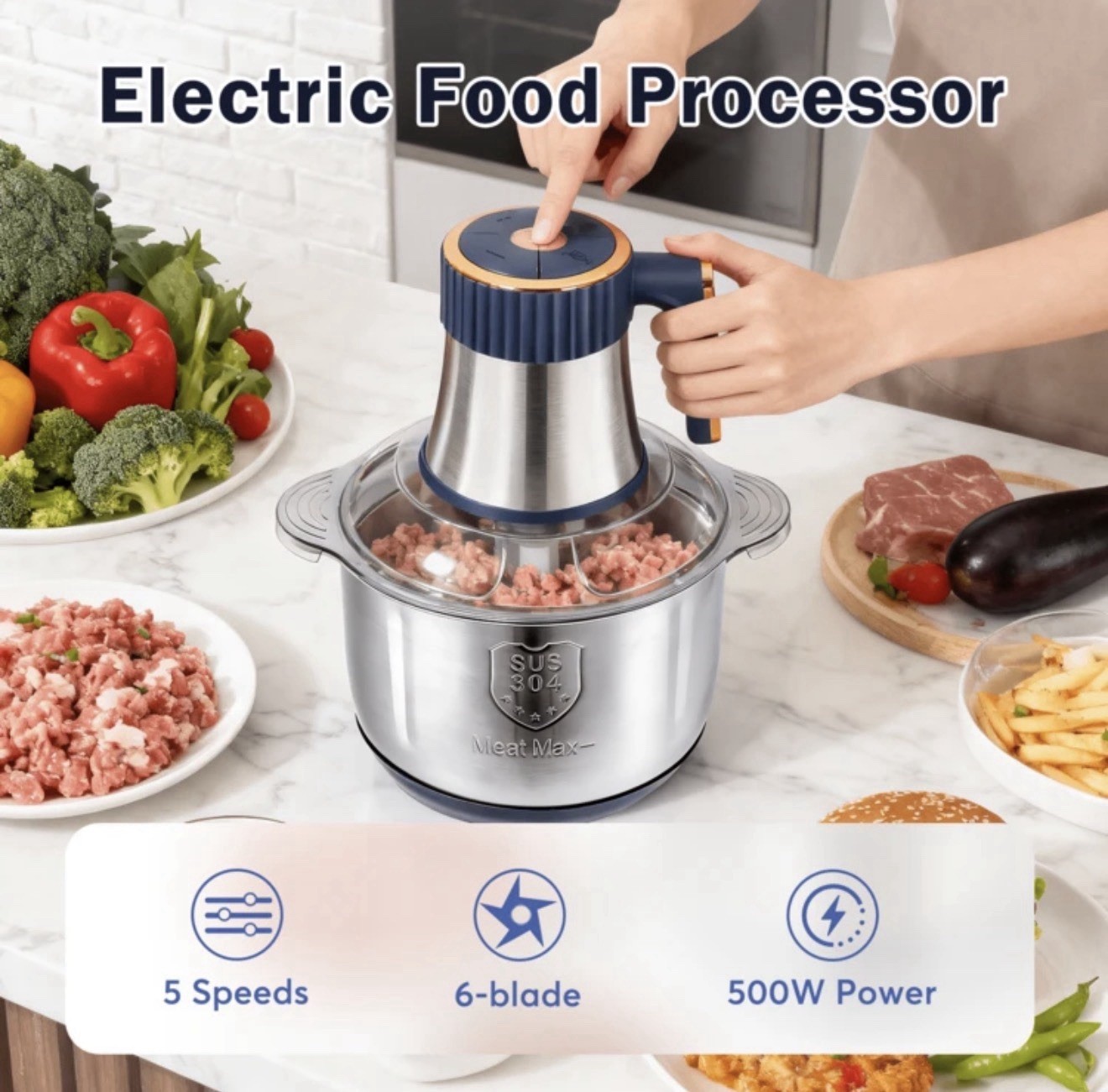 SPZIK Meat Max Mini Food Processor 500W 5-Speed 2 Bowls 6-Blade, SS