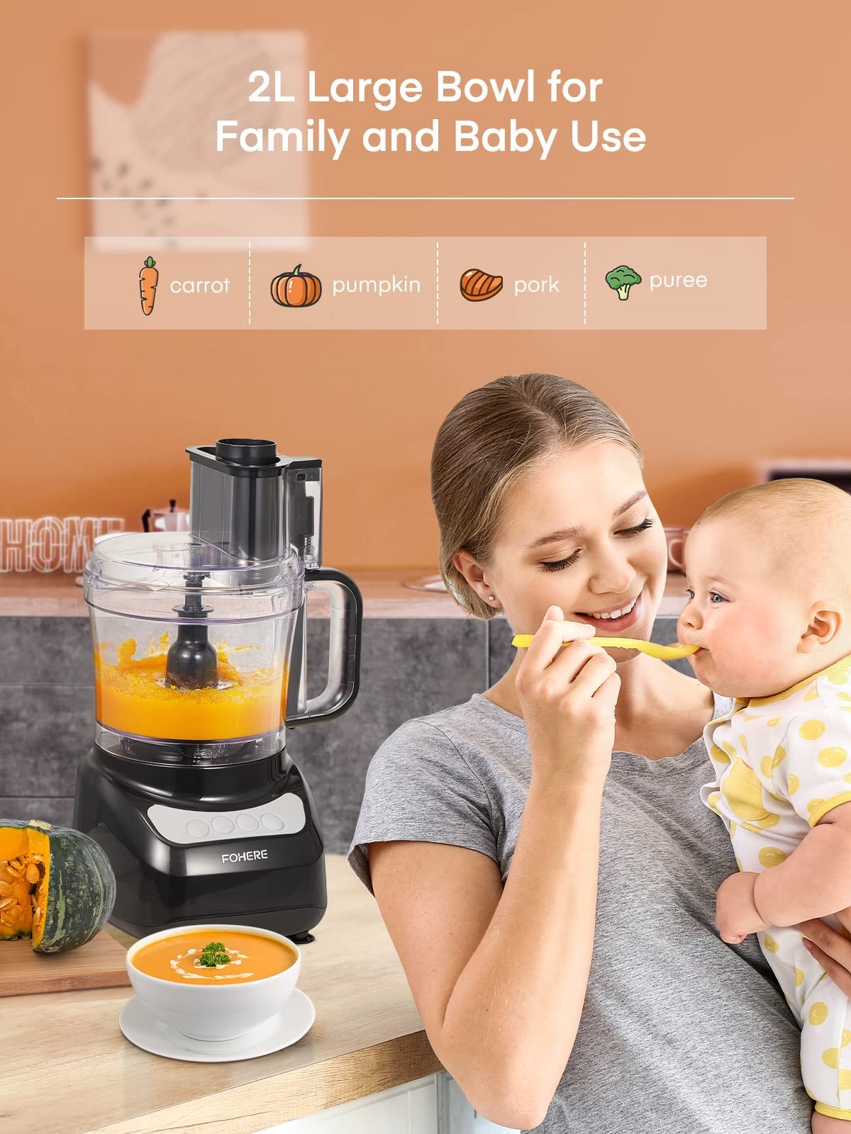 Fohere Food Processor 12 Cup 2-In-1 Feed Chute Food Chopper Meat Grinder 500