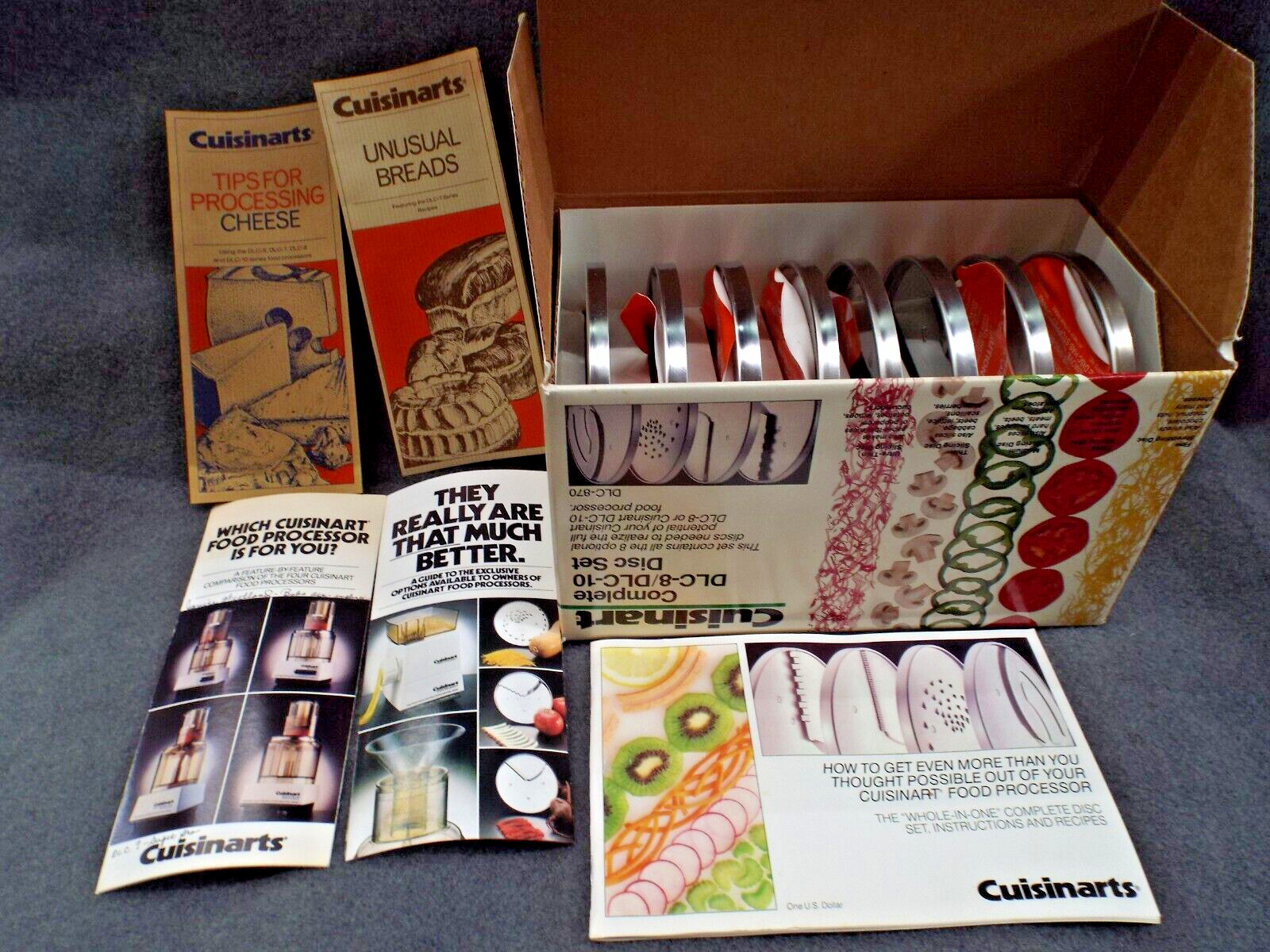 NOS Cuisinart DLC-8-10 Food Processor Disc Set Blades Attachment Book Vintage 80