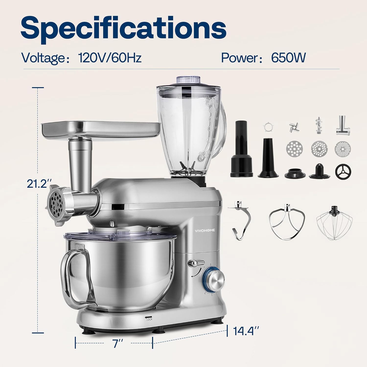 3In1 Food Stand Mixer Stainless Steel Bowl Meat Grinder Blender 6QT 6 Speed