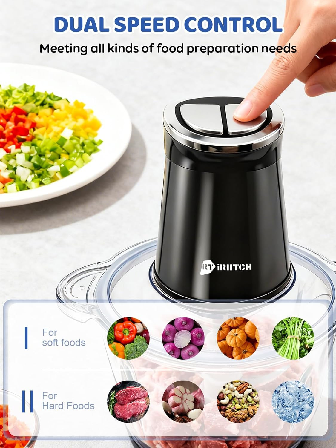 IRIITCH Food Processor with LED Timer, 800W Electric Chopper with 2 Bowls (12-Cu