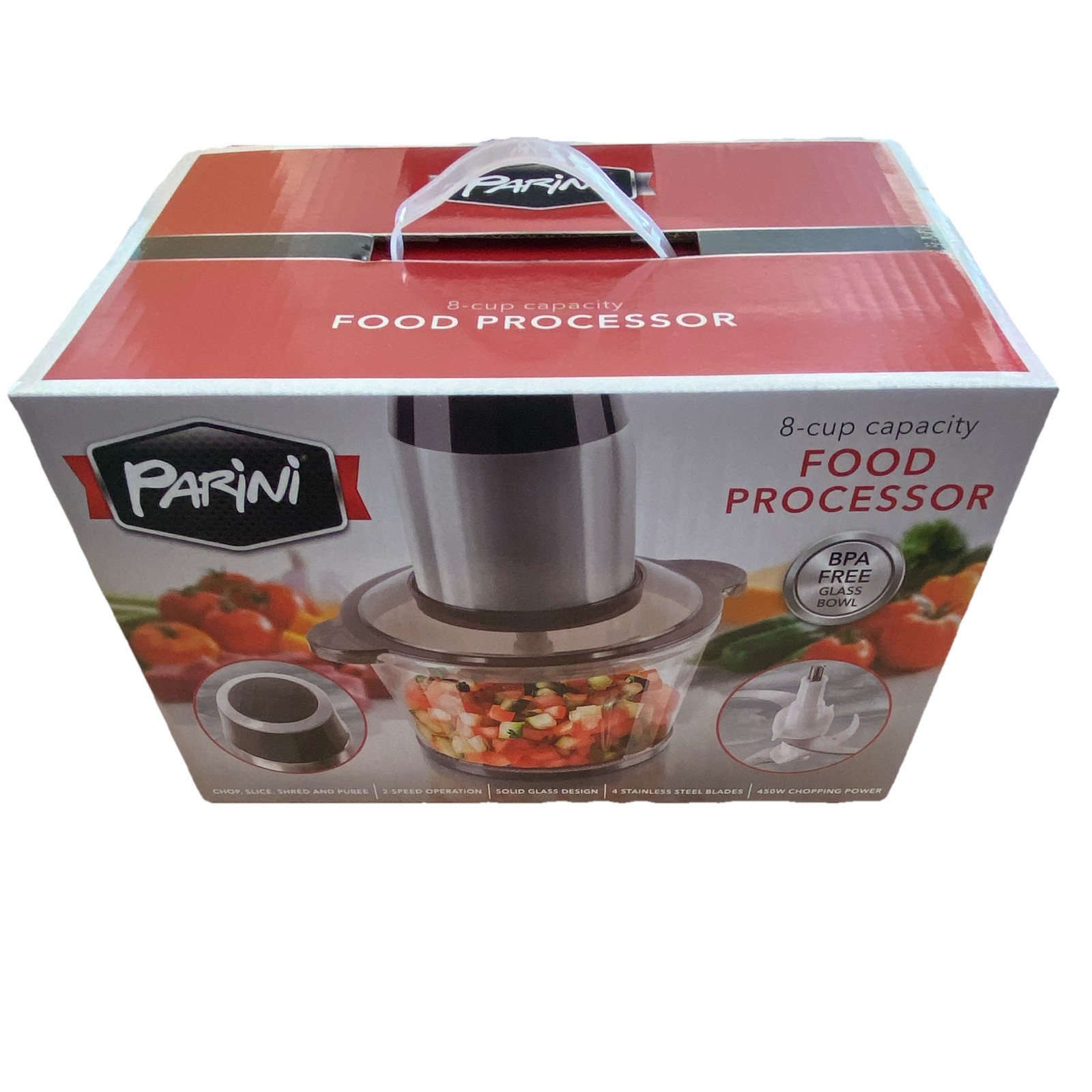 Parini 8-Cup Food Processor 450W BPA-Free Glass Bowl 2-Speed Silver