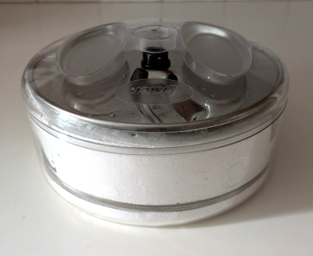 Vintage Oster Food Processor Blades (2) – Metal, 6.5″ in Plastic Case