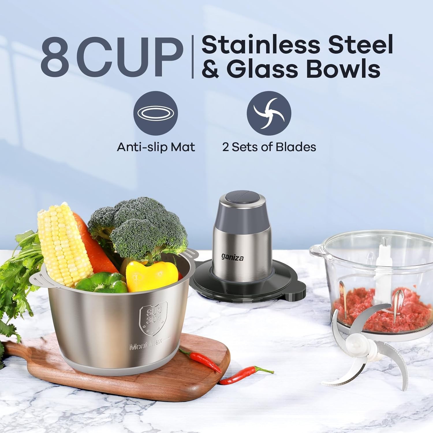 Versatile 8-Cup Electric Chopper with Meat Grinder – Powerful Copper Motor, Grey